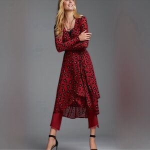 CAbi Red Siren Mesh Long Sleeve Leopard Wrap Dress L Cardigan Duster